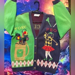 Novelty Golf Cardigan Sweater - Green & Navy w Stitch Design